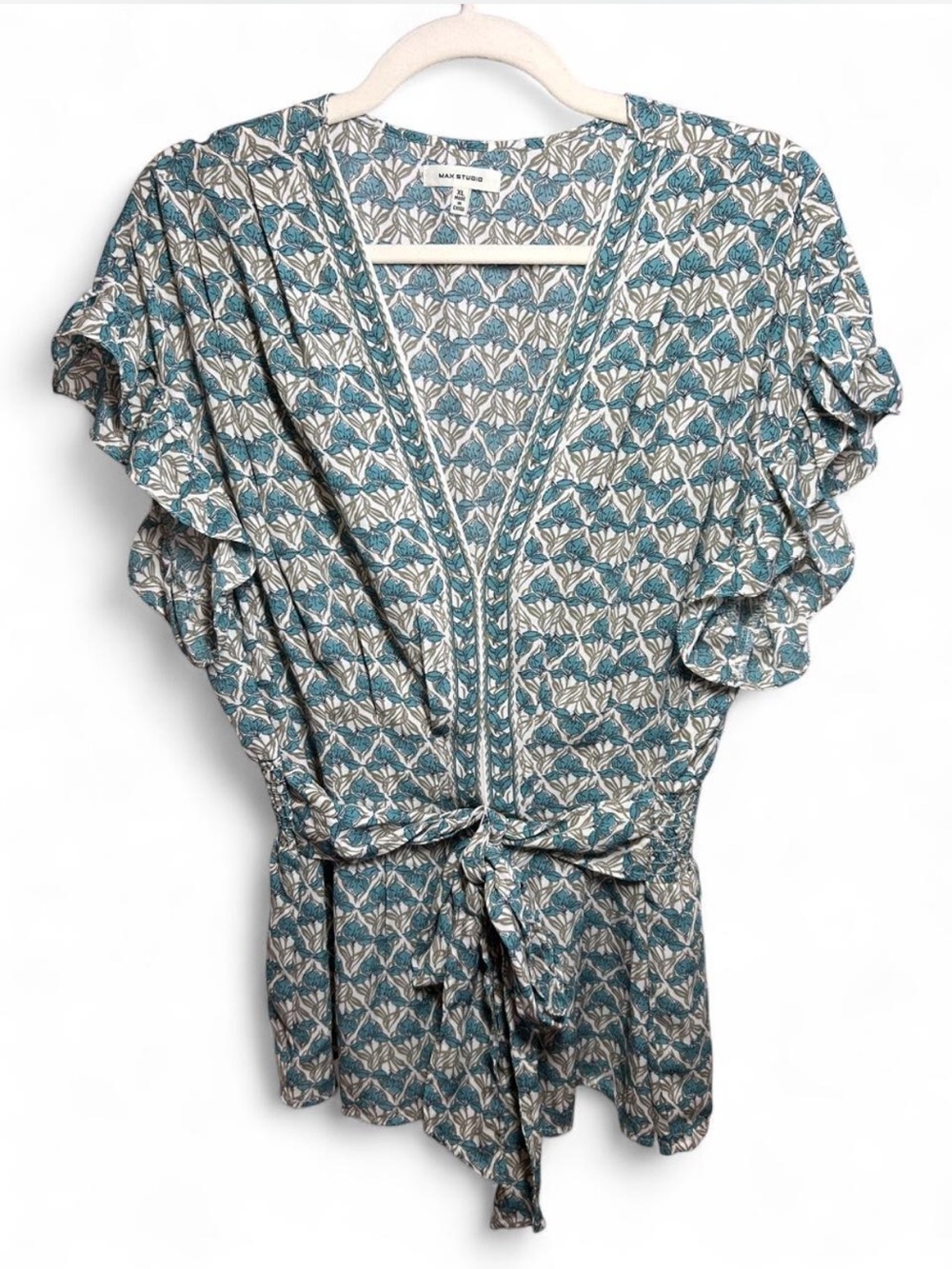 Max Studio Teal and Cream Floral V-Neck Tie-Waist Ruffle Sleeve Blouse